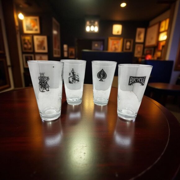 Vintage set of 4 Bicycle Cards Poker Night Beer Glasses - Picture 1 of 10